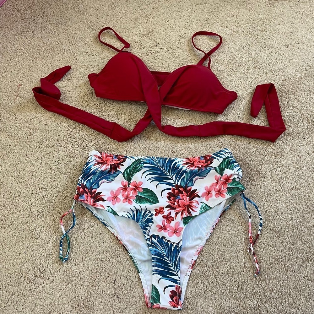 Two piece bikini set red top wrap floral high waisted bottoms size large